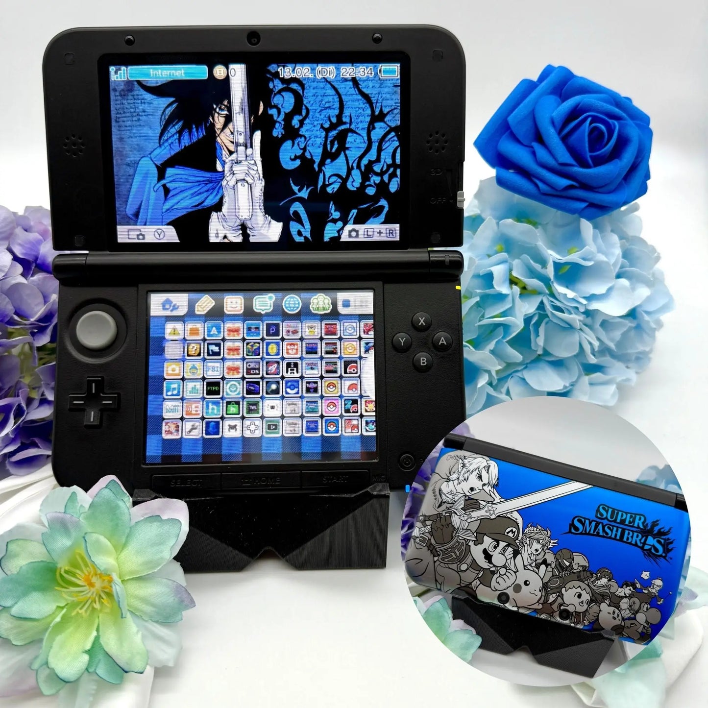 Nintendo 3DS XL black blue Smash Bros modded